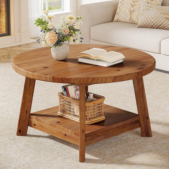Finmind 31.5" Solid Wood Round Coffee Table, 2-Tier Cocktail Table for Living Room, Vintage Brown
