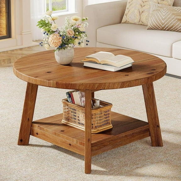 Finmind 31.5" Solid Wood Round Coffee Table, 2-Tier Cocktail Table for Living Room, Vintae Brown