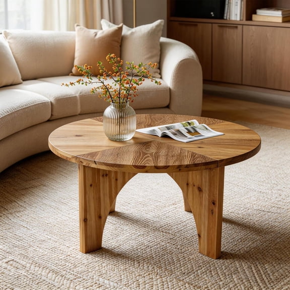 Finmind 31.5" Solid Wood Round Coffee Table, Farmhouse Center Table with Curved Legs, Circle Cocktail Table for Living Room, Small Space, Natural