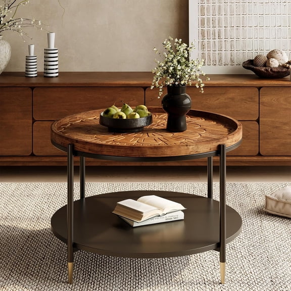 Finmind 31.5" Solid Wood Round Coffee Table with Metal Storage Shelf, Boho Center Table, Rustic Brown