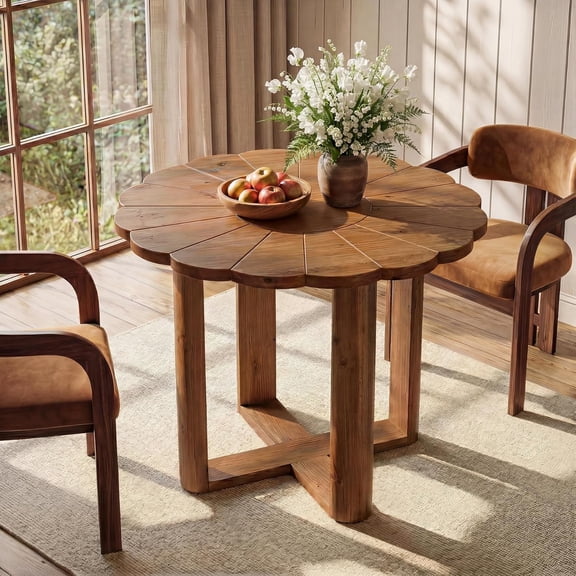 Finmind 31.5" Solid Wood Round Dining Table for 24, Farmhouse Kitchen Table with Carved Petal Design, Rustic Brown