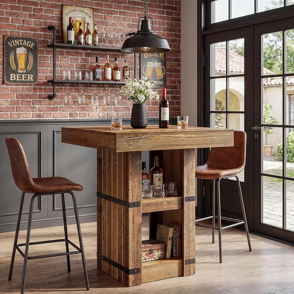 Finmind 31.5" Square Bar Table with Storage, Counter Height Pub Table, Brown