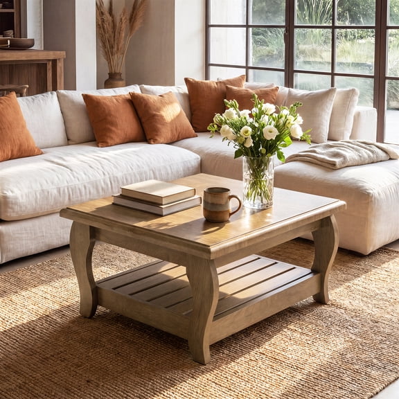 Finmind 31.5" Square Coffee Table, 2-Tier Farmhouse Living Room Center Table with Lower Shelf for Apartments, Rustic Brown