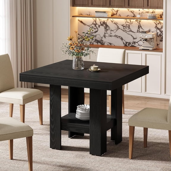Finmind 31.5" Square Dining Table for 5, Small Wooden Kitchen Table with Storage Shelves for Dining Room, Living Room, Black