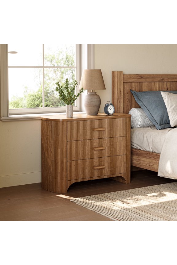31.5" Wide Fluted Nightstands, Oversized 3-Drawer Night Stand, Large Bedside End Table for Bedroom, Living Room