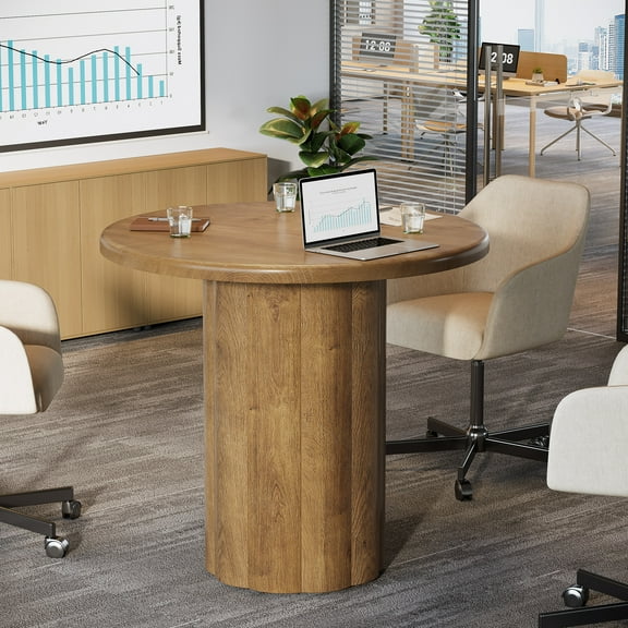 Finmind 31.5-inch Round Conference Table for 2-4, Small Meeting Table with Sturdy Base, Office Desk, Reception Desk for Lounge, Brown