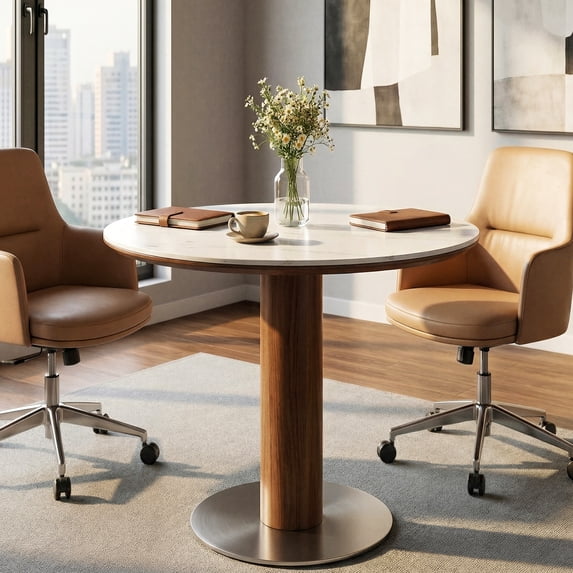 Finmind 31.5-inch Round Conference Table for 2-4, Small Wood Meeting Table with Thickened Sintered Stone Top and Stainless Steel Base, White & Walnut