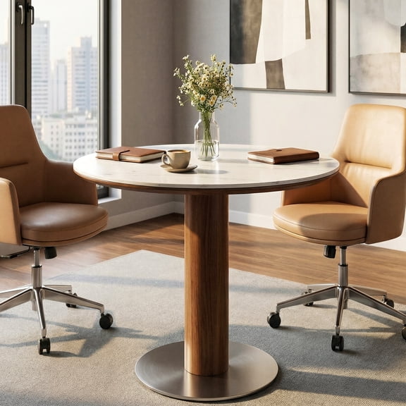 Finmind 31.5-inch Round Conference Table for 2-4, Small Wood Meeting Table with Thickened Sintered Stone Top and Stainless Steel Base, White & Walnut