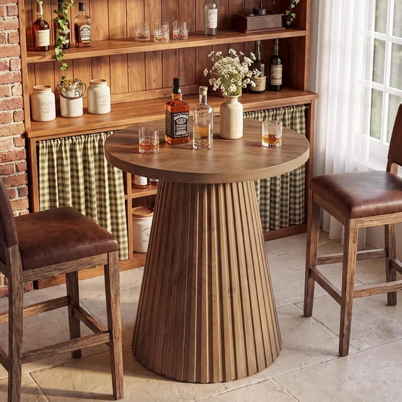 Finmind 35.4" H Round Bar Table with Fluted Base, Farmhouse Bistro Pub Table, Rustic Wine Barrel Table for Kitchen & Small Spaces, Brown
