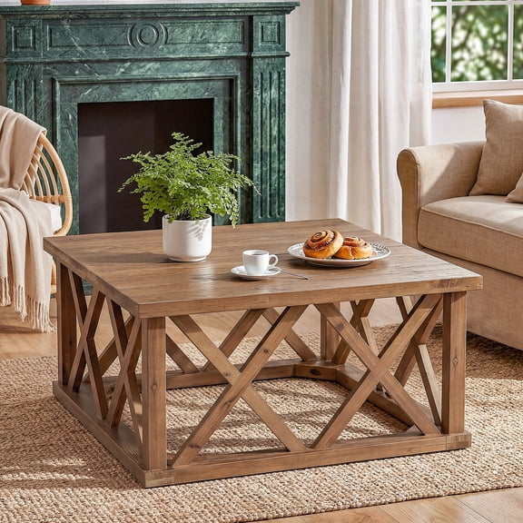 Finmind 39.37" Square Solid Wood Coffee Table, Farmhouse Center Table with Reinforced X-Frame for Living Room, Apartment, Office, Brown