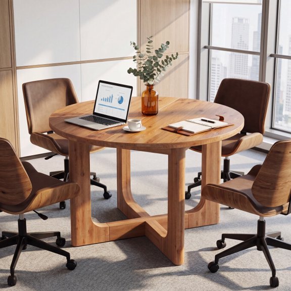 Finmind 39.37" Solid Wood Round Conference Table, Small Meeting Table With Cross Base