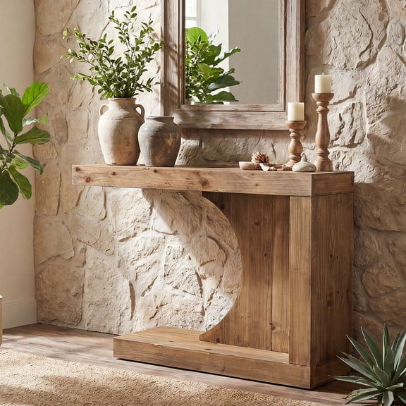 Finmind 39.4" C-Shaped Solid Wood Console Table, Mid-Century Modern Entryway Accent Table with Artistic Hollow Design for Hallway, Living Room, Foyer