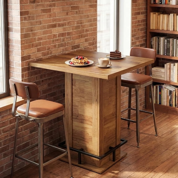 Finmind 39.4" Counter Height Square Bar Table, Rustic Pub Dining Table with Footrest for Kitchen, Caf