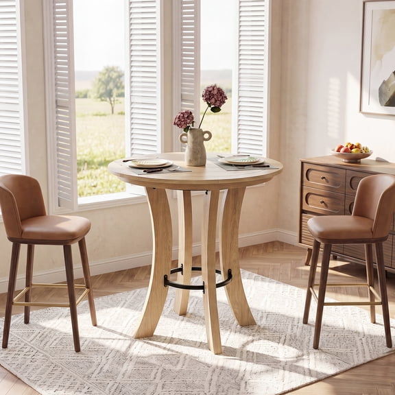 Finmind 39.4"H Round Dining Table for 2, Counter Height Bar Table with Footrest, Modern Farmhouse Tall Table for Kitchen, Small Space, Cafe, Light Brown