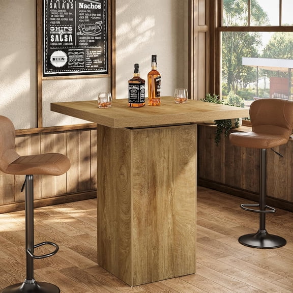 Finmind 39.4" H Square Bar Table, Industrial Counter Height Dining Table, Small High Top Bistro Pub Cocktail Table for Kitchen Nook, Home Bar, Coffee Corner, Natural Oak