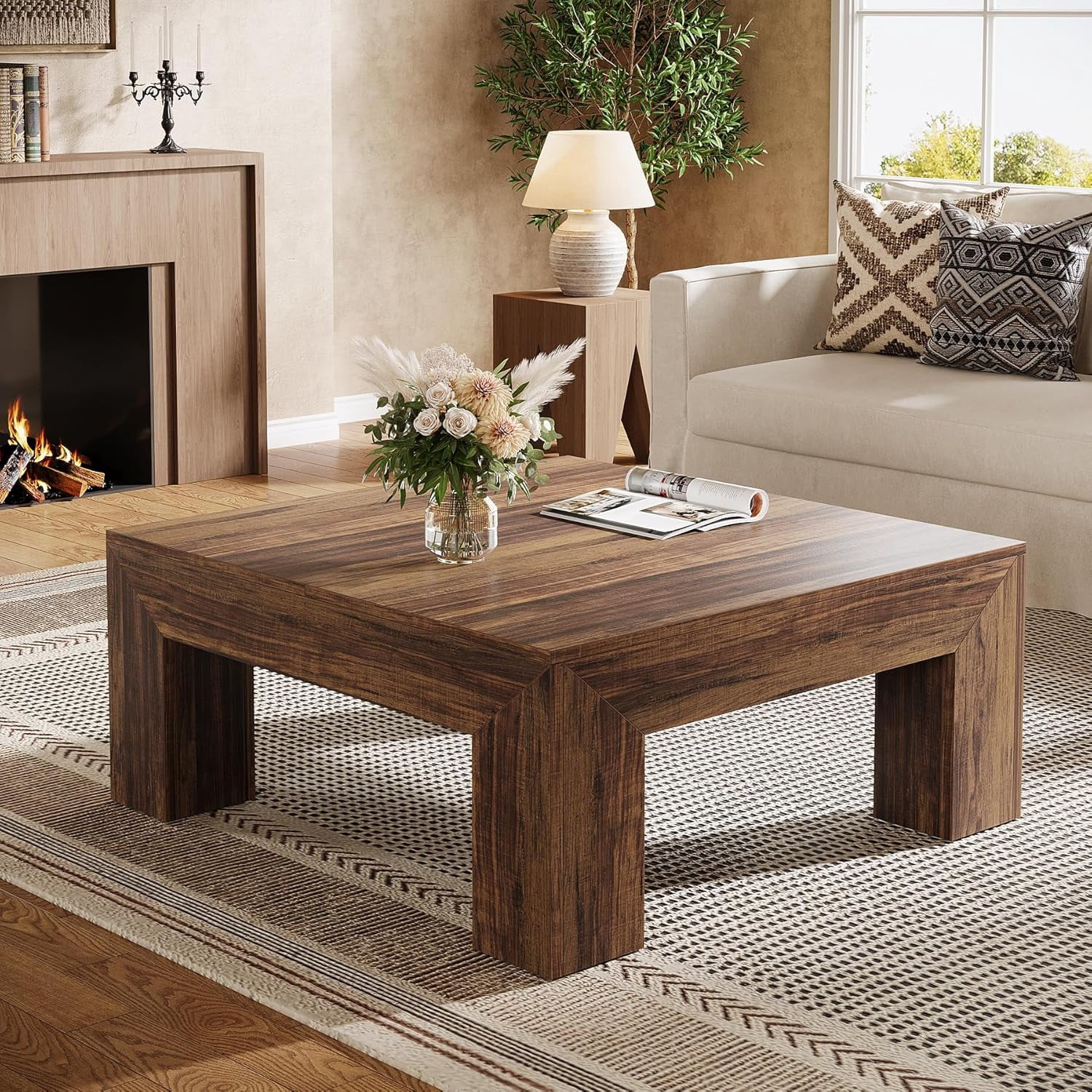 Finmind 39.4-Inch Square Coffee Table for Living Room, Farmhouse All Wood Accent Center Cocktail Table