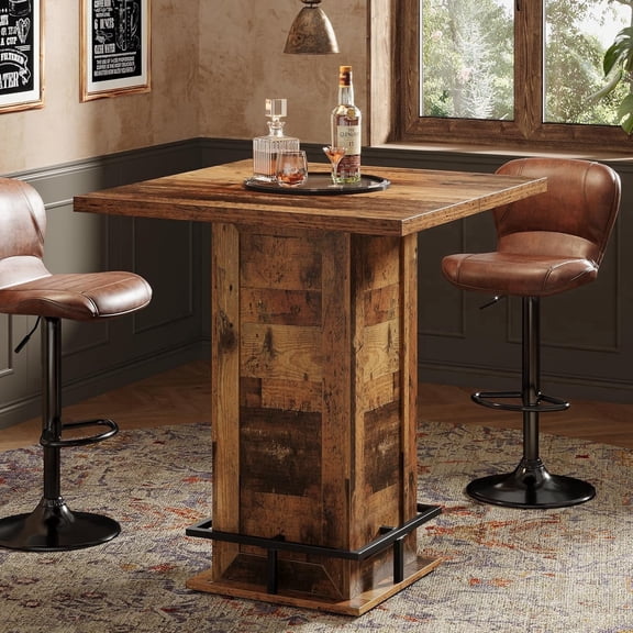 Finmind 39.4" Industrial Square Bar Table, High Top Bistro Pub Table with Metal Footrest, Table Only