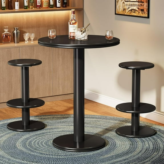 Finmind 39.4" Round Bar Table & Chairs Set, Modern Black Bistro Pub Table with 2 Barstools, Wooden Counter-Height Cocktail Set for Kitchen, Bar, Apartment