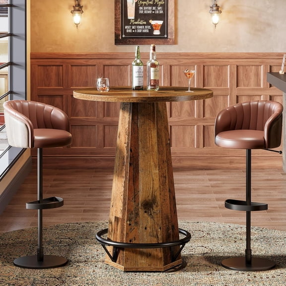 Finmind 39.4" Round Bar Table, Industrial High Top Bistro Pub Table with Footrest for Small Spaces, Mixed Brown