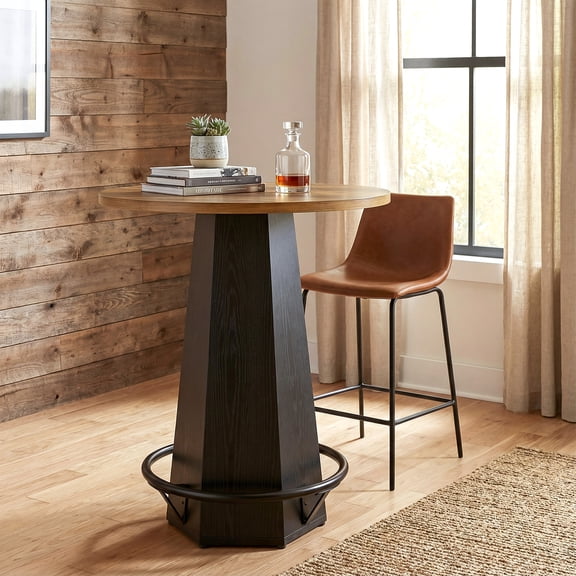 Finmind 39.4" Round Bar Table for 2, Industrial Counter Height Pub Table with Footrest for Small Space, Bistro, Cafe, Brown & Black