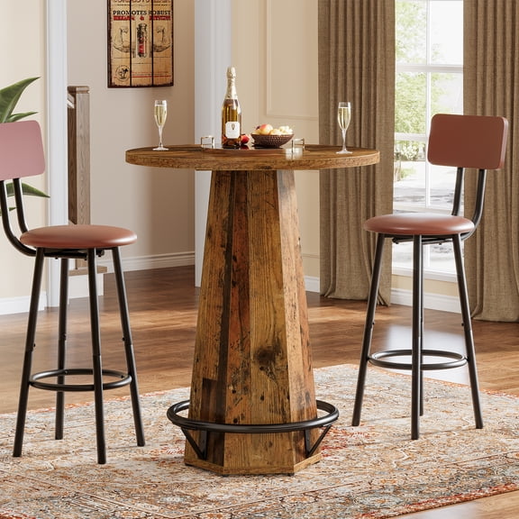 Finmind 39.4" Round Bar Table with Metal Footrest, Industrial High Top Pub Table for Home Bar, Bistro, Small Space, Mixed Brown