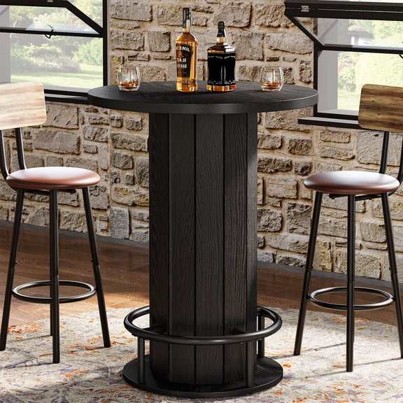 Finmind 39.4" Round Bar Table with Metal Footrest, Modern Farmhouse Pub Table for Kitchen, Breakfast Nook, Home Bar, Black