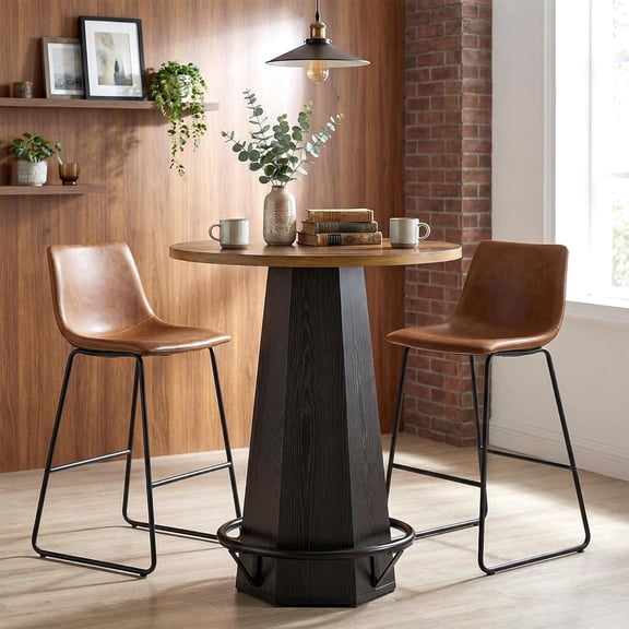 Finmind 39.4" Round Industrial Counter Height Dining Table with Footrest, Brown & Black