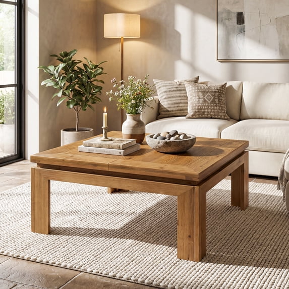 Finmind 39.4" Solid Wood Square Coffee Table, Farmhouse Center Table with Recessed Edge for Living Room, Easy Assembly, Natural Brown