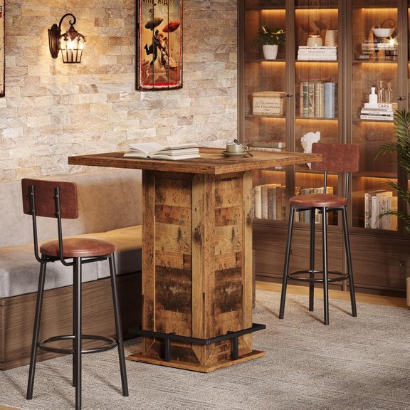 Finmind 39.4" Square Bar Table, Industrial Counter Height Pub Table with Metal Footrest, Dark Brown