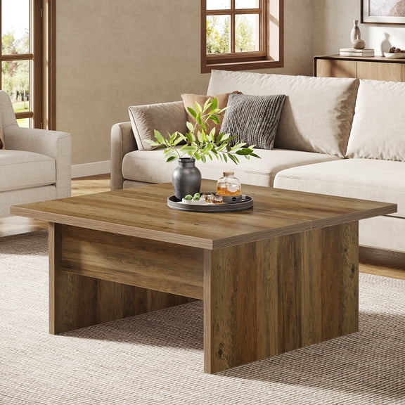 Finmind 39.4-inch Square Coffee Table, Farmhouse Cocktail Tea Center Table for Living Room, Rustic Brown