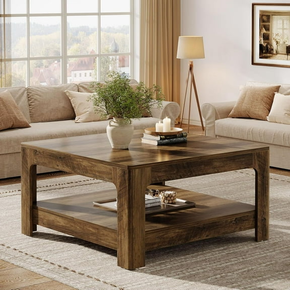 Finmind 39.5" Square Coffee Table, Farmhouse 2-Tier Circle Tea Table, Rustic Brown