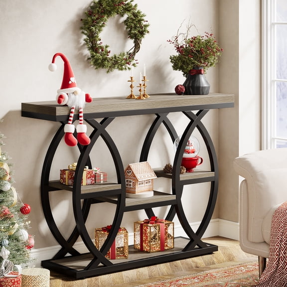 Finmind 39-Inch Industrial Console Table, 4-Tier Sofa Table with Metal Frame, Grey
