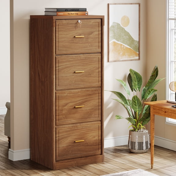 Finmind 4-Drawer File Cabinet, Vertical Filing Cabinet with Lock for A4/Letter/Legal Size Files, Brown