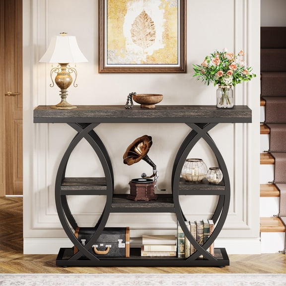 Finmind 4-Tier Console Table, 39" Wood Sofa Table with Storage Shelves, Black Brown