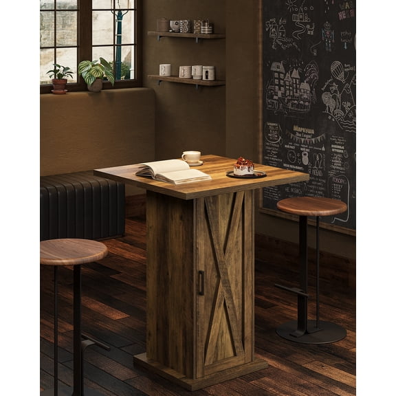 Finmind 4-Tier High Bar Table, Square 39.37" High Home Bar Unit with 4 Storage Shelves, Farmhouse Counter Hight Pub Kitchen Table with Door, Brown