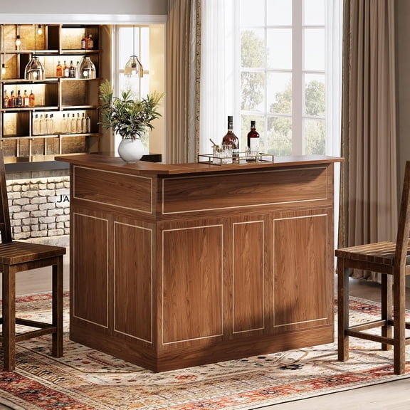 Finmind 4-Tier L-Shaped Bar Cabinet, Home Bar Corner Bar Unit with Stemware Racks, Reception Desk Liquor Wine Bar Table for Home Pub, Red Brown