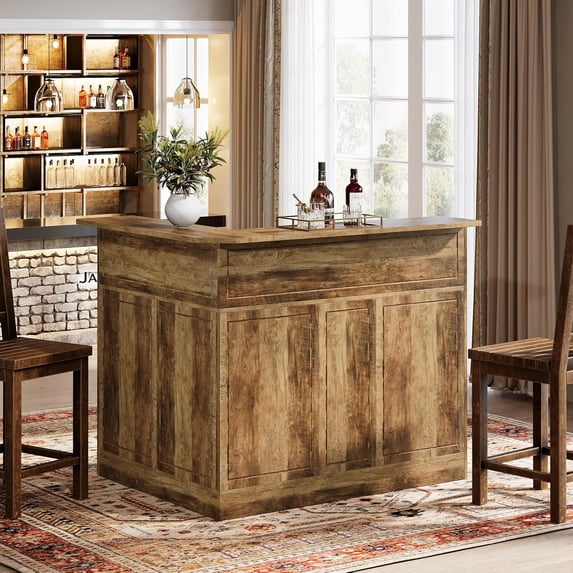 Finmind 4-Tier L-Shaped Bar Cabinet, Home Bar Corner Bar Unit with Stemware Racks, Reception Desk Liquor Wine Bar Table for Home Pub, Rustic Brown