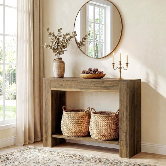 Finmind 41.3" Farmhouse Console Table with Storage, 2-Tier Narrow Sofa Entryway Table for Behind Couch, Living Room, Hallway, Foyer, Rustic Brown