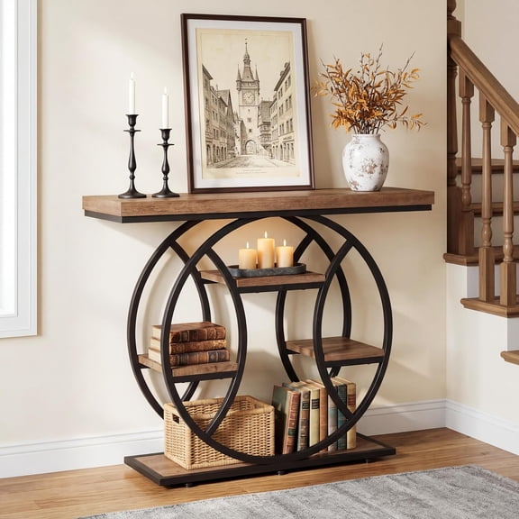 Finmind 41.3" Industrial Console Table, 4-Tier Narrow Sofa Table with Circle Metal Frame, Rustic Brown