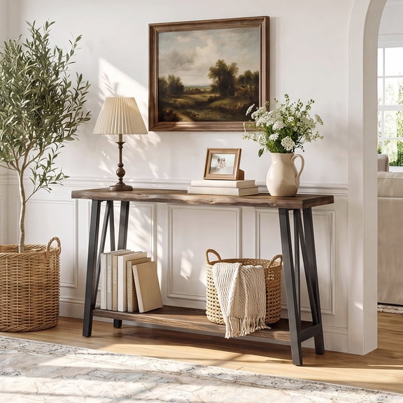 Finmind 41.3" Live Edge Solid Wood Console Table, Industrial 2Tier Entryway Table with Metal Frame for Living Room, Hallway, Brown & Black