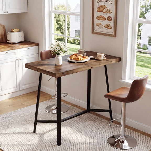 Finmind 41.3" Solid Wood Bar Table, Counter Height Pub Table with Metal Base & Footrest