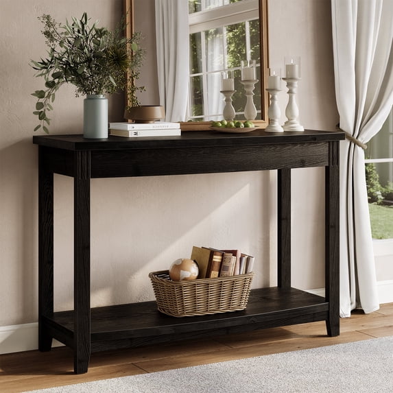 Finmind 41.3" Solid Wood Console Table, Farmhouse Entryway Table with Storage Shelf, Sofa Console Behind the Couch for Living Room, Hallway, Black