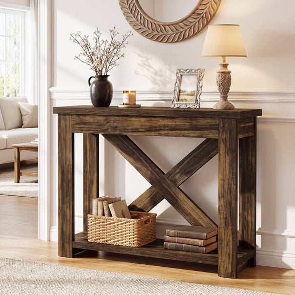 Finmind 41.3-inch Farmhouse Console Table, 2-Tier Narrow Sofa Console Behind the Couch, Small Entryway Table with Storage, Rustic Brown