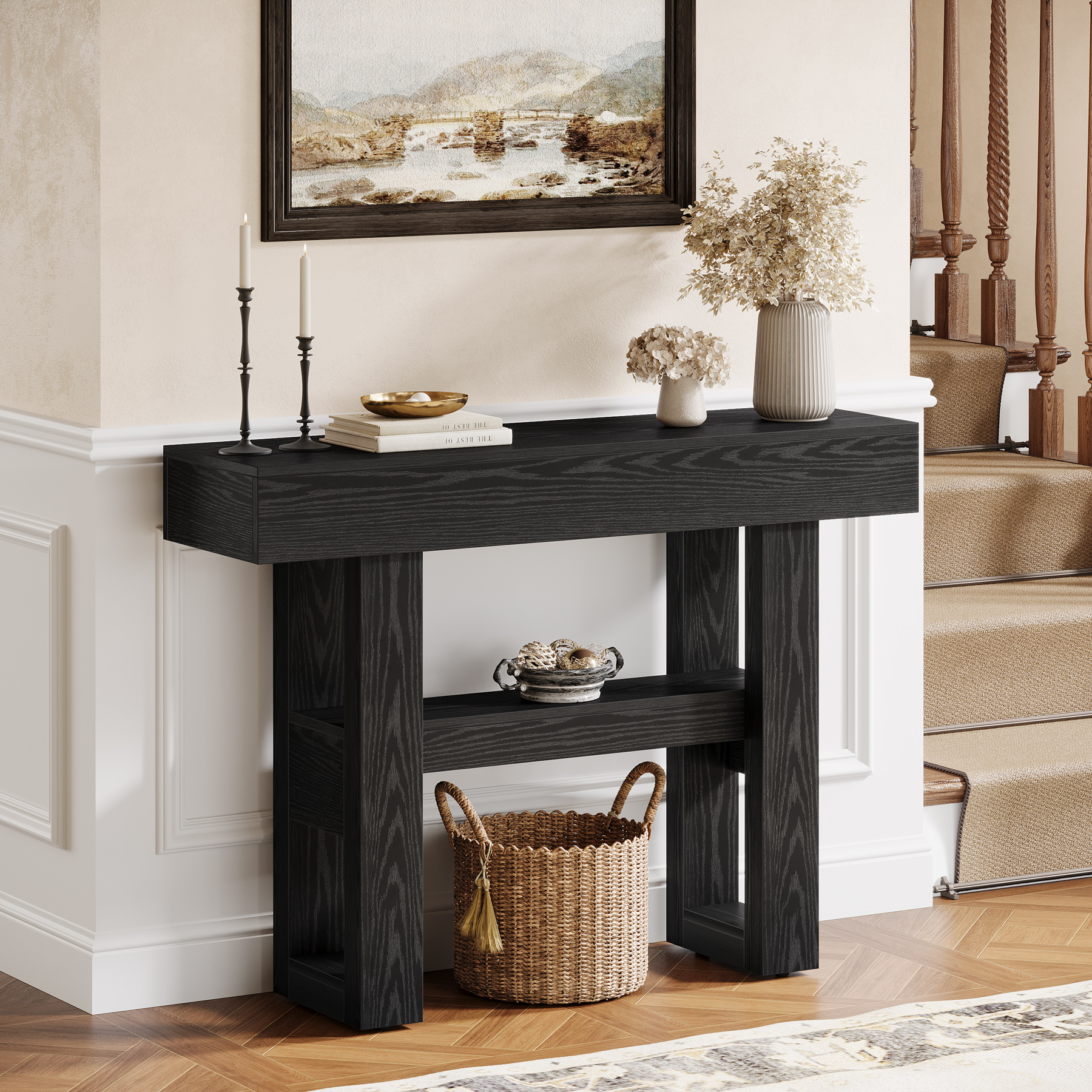 Finmind 41.34-Inch Farmhouse Console Table, 2-Tier Narrow Sofa Table Behind the Couch, Entryway Furniture with Storage Shelves for Living Room, Hallway, Foyer, Natural Brown