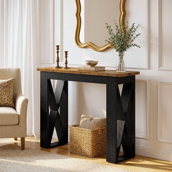 Finmind 41.34-Inch Small Console Table, Farmhouse  2-Tier Narrow Sofa Table for Hallway, Rustic Brown & Black