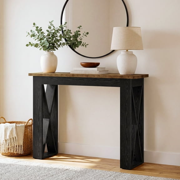 Finmind 41.34" Small Entryway Table,Farmhouse  2-Tier Narrow Console Sofa Table for Hallway, Rustic Brown & Black