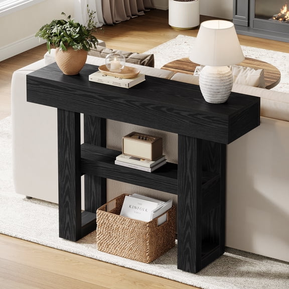 Finmind 41.34-inch Farmhouse Console Table, 2-Tier Narrow Sofa Console Behind the Couch, Small Entryway Table with Storage Shelves, Black