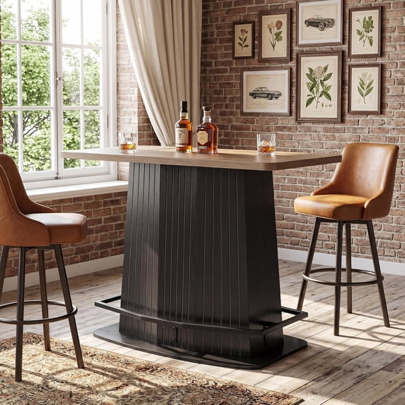 Finmind 42" Bar Table, Industrial Counter Height Pub Table with Fluted Base & Footrest, Rustic Brown & Black