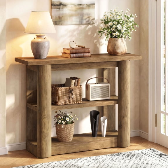 Finmind 42-inch Console Table for Entryway, Farmhouse Sofa Foyer Table with 3 Shelves, for Hallway, Living Room, Behind the Couch, Foyer, Rustic Brown