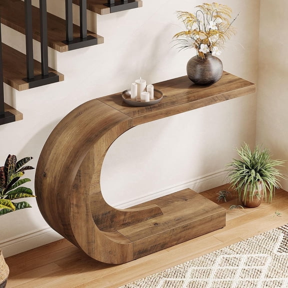 Finmind 43.3" C-Shaped Entryway Console Table, Mid-Century Modern Wood Hall Table for Foyer, Living Room, Hallway or Entrance, Accent Furniture, Easy Assembly, Brown